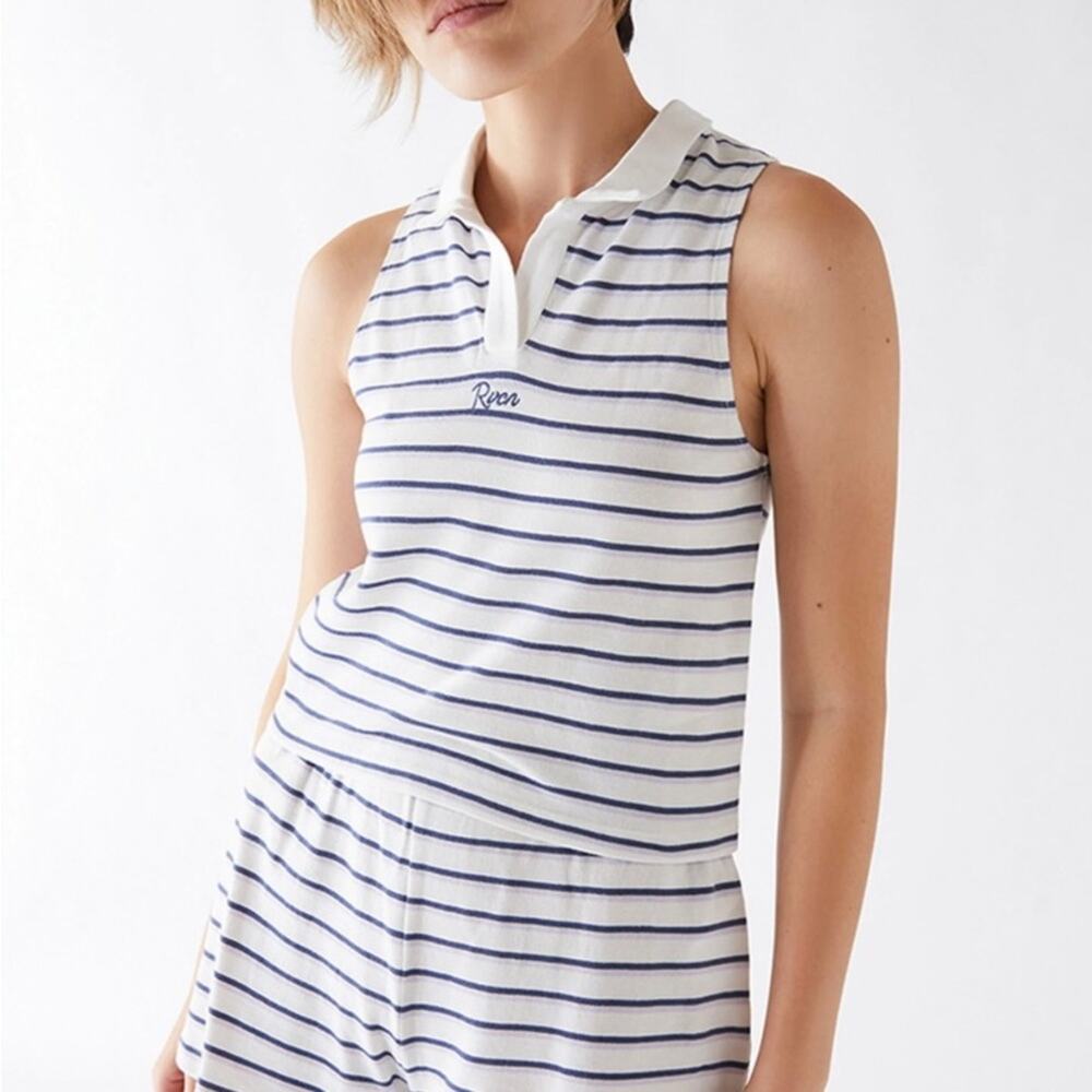 RVCA White Blue Stripe Varsity Cropped Collared Tank Medium